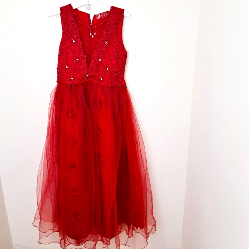 Si Rosa Hopscotch Girls Beaded Embroidery Lace Tulle Red Long Dress Sz 12-14